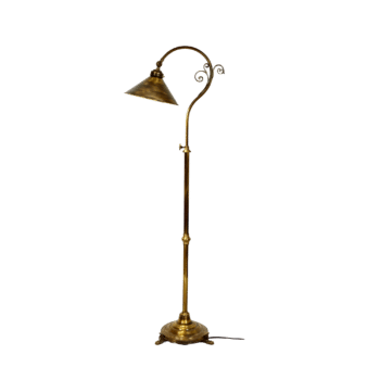 Antique Brass Floor Lamp showcasing a meticulously crafted single brass shade, embodying timeless elegance and vintage charm, designed to be the pinnacle of sophistication in any modern interior setting, ideal for those seeking unparalleled craftsmanship in brass lighting fixtures.