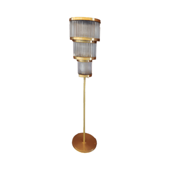 LuxeLayers Glass Floor Lamp with a matte gold finish, featuring three-tiered glass design, perfect for adding opulence and sophistication to modern living spaces.