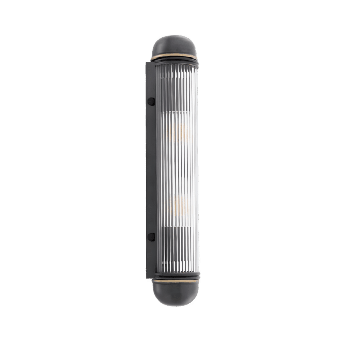 A photorealistic image of a contemporary wall light with a dark Black Brass frame and a clear glass rods