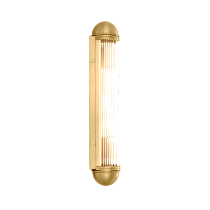 A photorealistic image of a contemporary wall light with a Matte polished brass fitting and a clear glass Rods