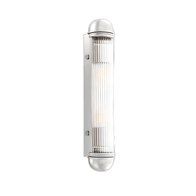 A photorealistic image of a sleek and stylish contemporary wall light with a silver, textured brass frame and cascading glass rods.