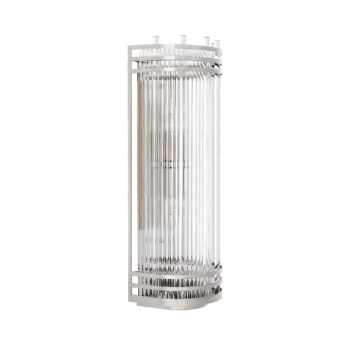 A photorealistic image of the Silver Crystal Glow Wall Sconce, featuring a gleaming silver frame with cascading clear glass rods.