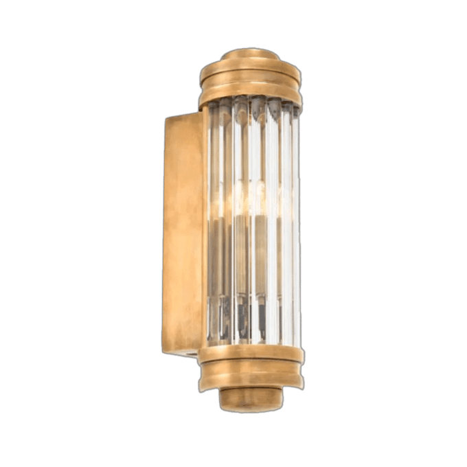 Vintage Luminary Brass Wall Light Petite. A striking mid-century modern wall sconce with brass accents and cascading glass rods. Warm light shimmers through the glass rods of this unique brass wall light fixture.