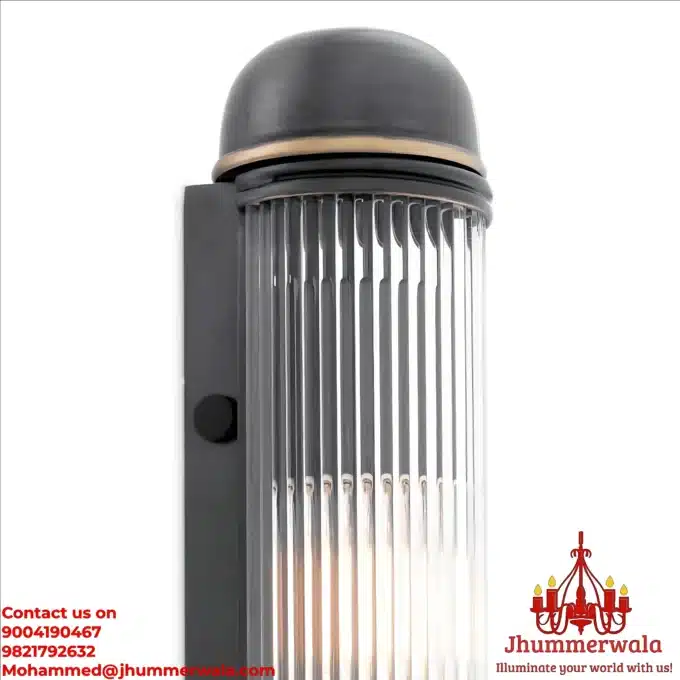 A photorealistic image of a contemporary wall light with a dark Black Brass frame and a clear glass rods