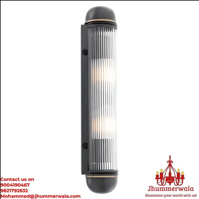 A photorealistic image of a contemporary wall light with a dark Black Brass frame and a clear glass rods