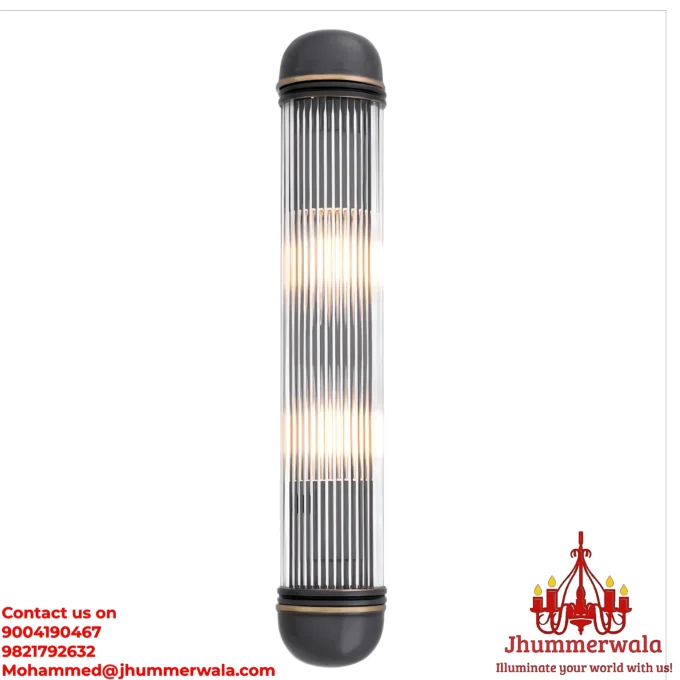 A photorealistic image of a contemporary wall light with a dark Black Brass frame and a clear glass rods