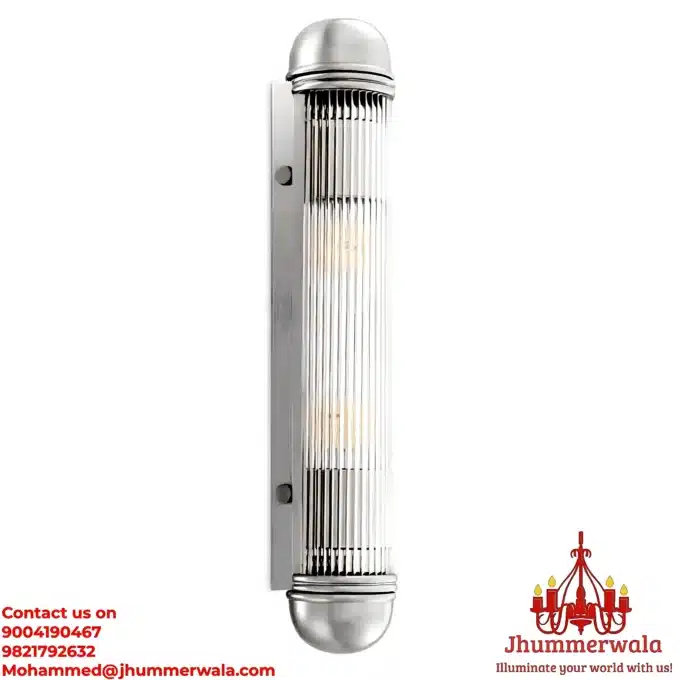 A photorealistic image of a sleek and stylish contemporary wall light with a silver, textured brass frame and cascading glass rods.