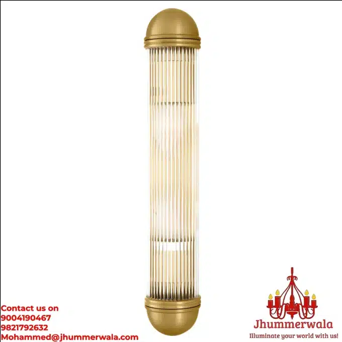 A photorealistic image of a contemporary wall light with a Matte polished brass fitting and a clear glass Rods