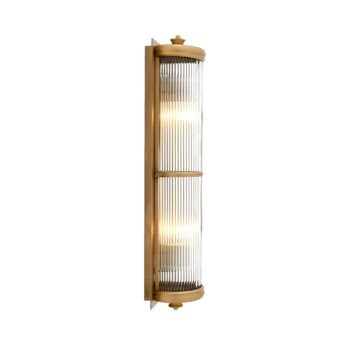 PrismLuxe Brass Radiance Grandeur Edition in Golden Finish - Striking brass fitting with elongated glass rod wall light, perfect for luxurious interiors.