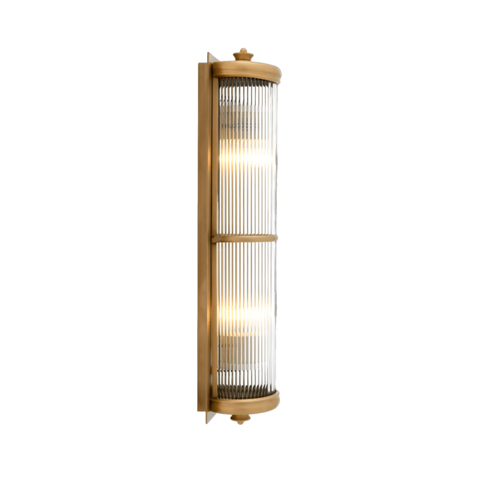 PrismLuxe Brass Radiance Grandeur Edition in Golden Finish - Striking brass fitting with elongated glass rod wall light, perfect for luxurious interiors.