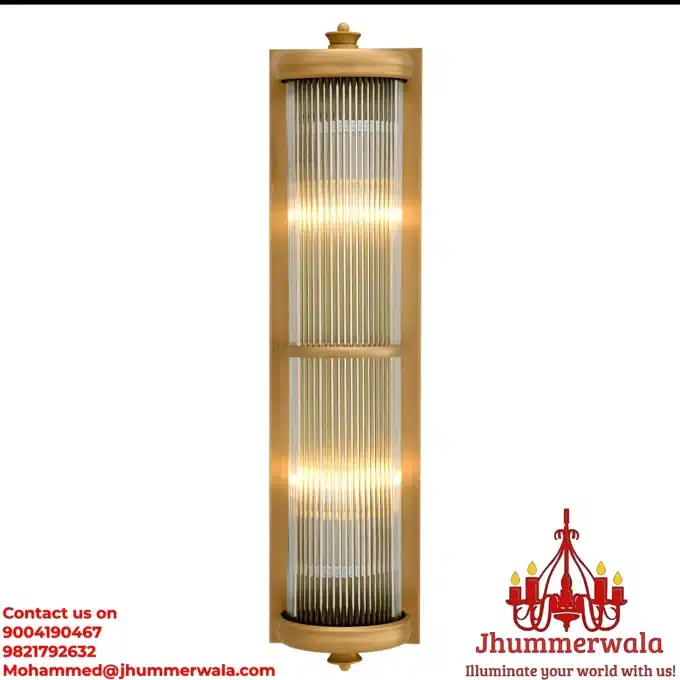 PrismLuxe Brass Radiance Grandeur Edition in Golden Finish - Striking brass fitting with elongated glass rod wall light, perfect for luxurious interiors.