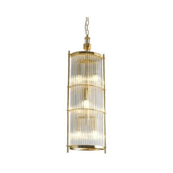 Modern "Golden Lumina Glass Rod Pendant" with brass fitting in matte gold finish, perfect for living room decor.