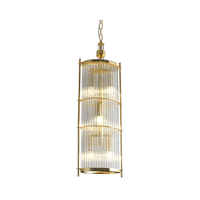 Modern "Golden Lumina Glass Rod Pendant" with brass fitting in matte gold finish, perfect for living room decor.