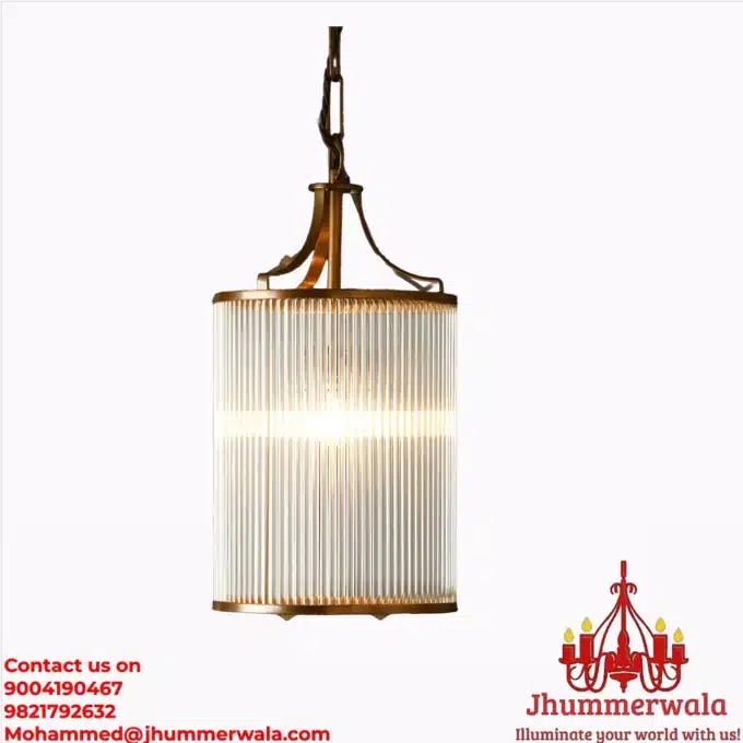 Elegant "Rodance Chandelier" with glass rods and matte gold brass fitting, perfect for luxurious living spaces.