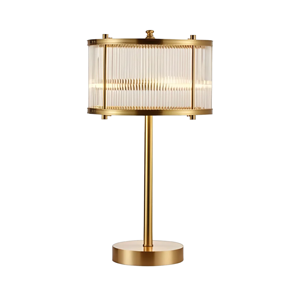 Experience sophistication with the Aurelian Glow table lamp, featuring an intricate design of brass rods converging into a captivating glass rod circle at the end.