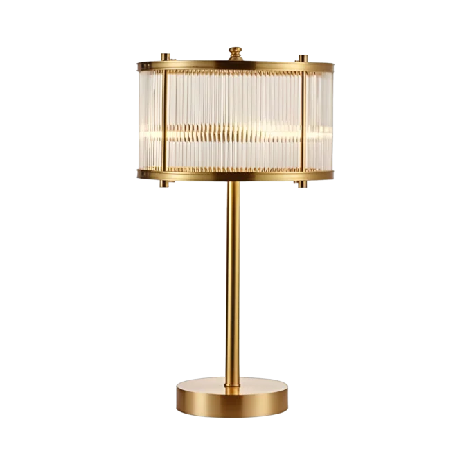 Experience sophistication with the Aurelian Glow table lamp, featuring an intricate design of brass rods converging into a captivating glass rod circle at the end.