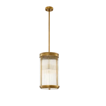 Glass Glow Pendant showcasing its elegant design with brass fitting and glass rods, illuminating a sophisticated interior space.