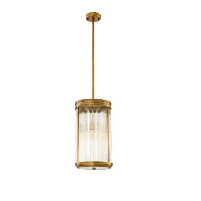 Glass Glow Pendant showcasing its elegant design with brass fitting and glass rods, illuminating a sophisticated interior space.