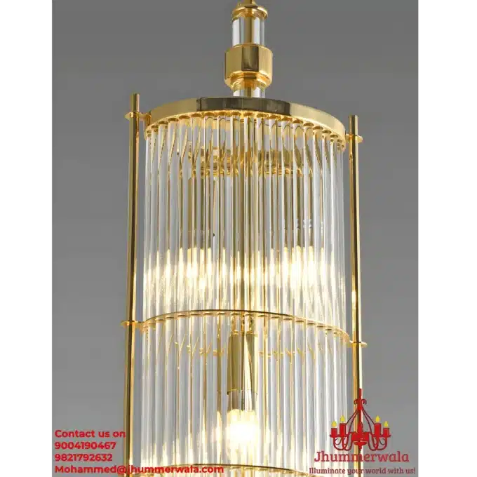 Modern "Golden Lumina Glass Rod Pendant" with brass fitting in matte gold finish, perfect for living room decor.