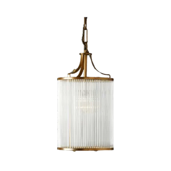 Elegant "Rodance Chandelier" with glass rods and matte gold brass fitting, perfect for luxurious living spaces.