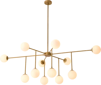 Milky sphere shades with brass rods in a matt golden finish, perfect brass chandelier for a modern living room ambiance